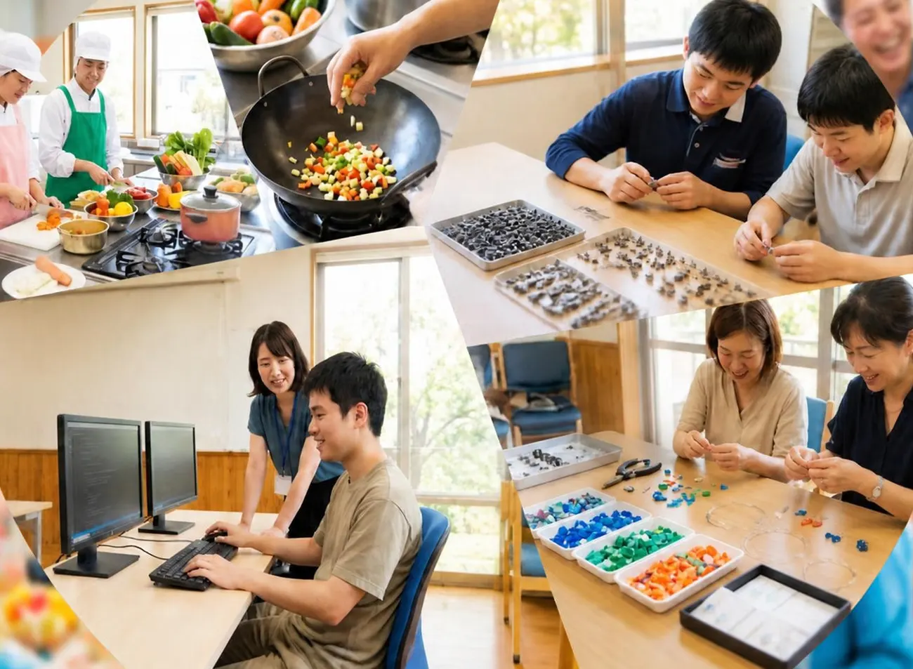 調理、PC作業、fuunoのアクセサリー製作に取り組む利用者と職員